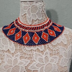 Handcrafted Beaded Geometric Collar  Necklace  Blue and Orange